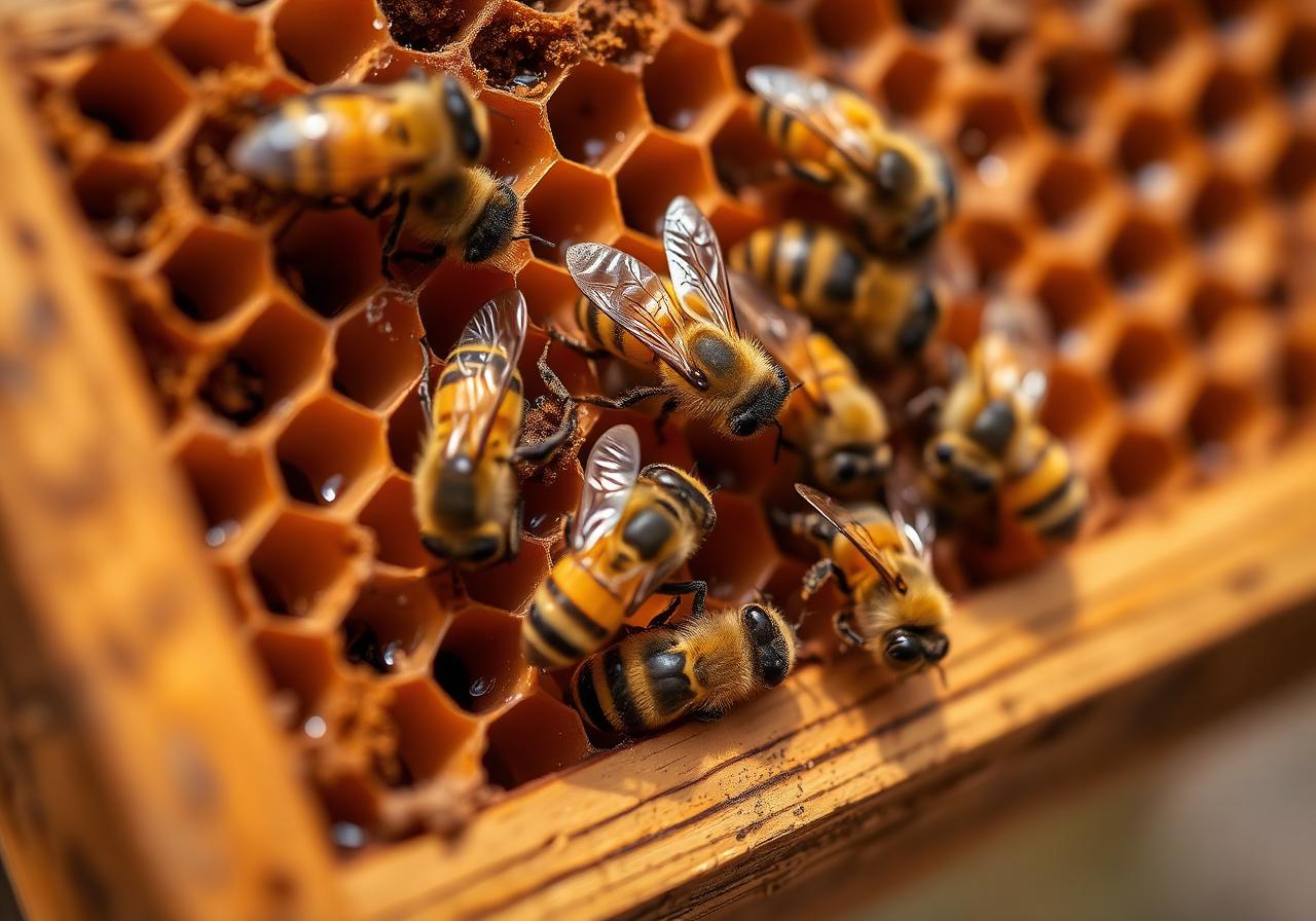 Abeilles APITERRA sur un cadre de ruche en pleine activité