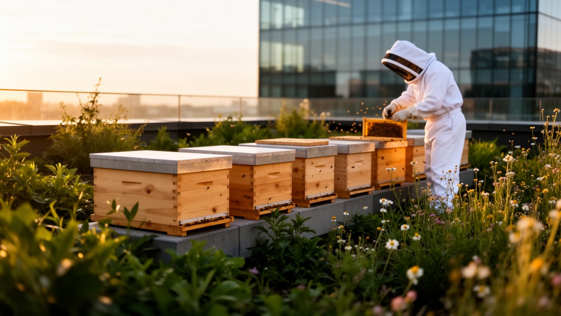 Ruches APITERRA installées sur un toit-terrasse d'entreprise
